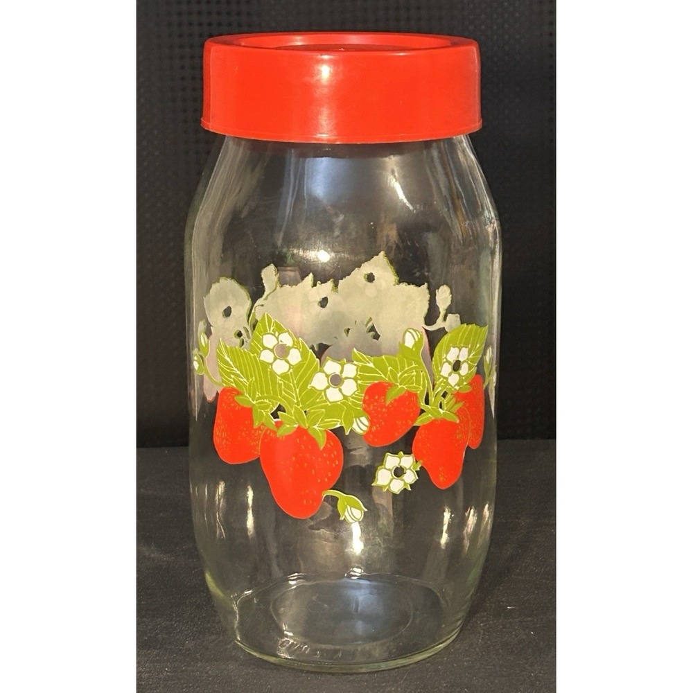 Vintage Carlton Clear Glass 2 L Strawberry Pattern Canister Jar Red Lid 1970's